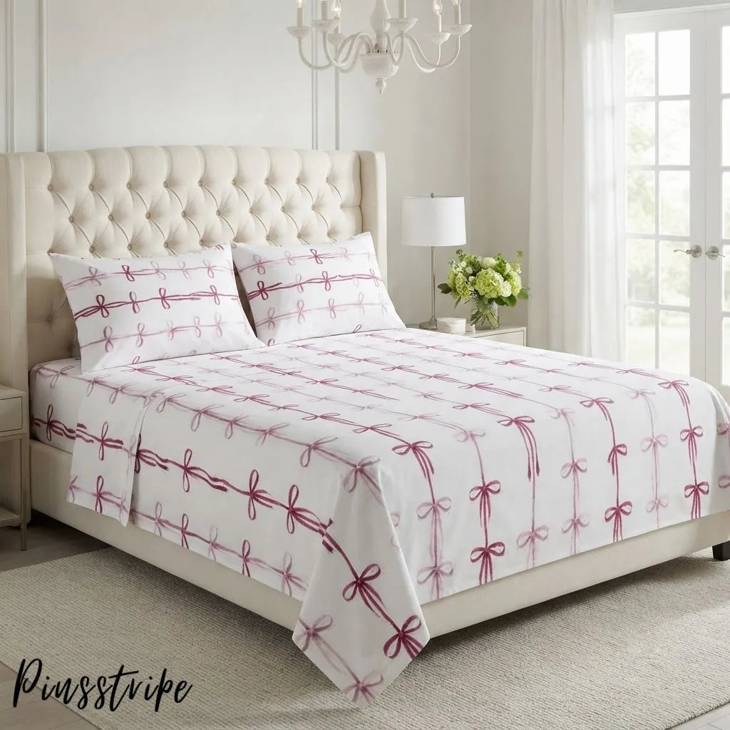 Pink Bow Bedsheet in Cotton- Signature Print By Pinsstripe