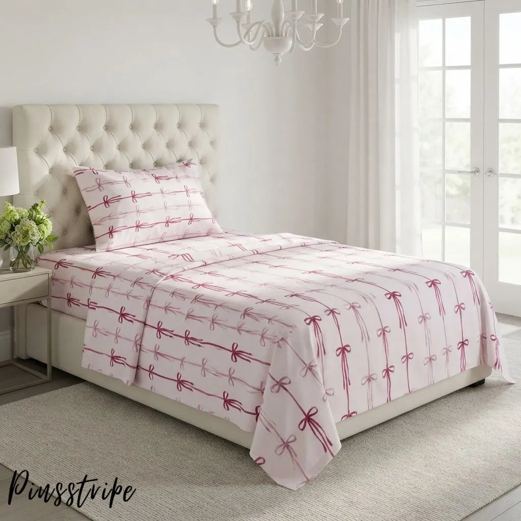 Pink Bow Bedsheet in Cotton- Signature Print By Pinsstripe