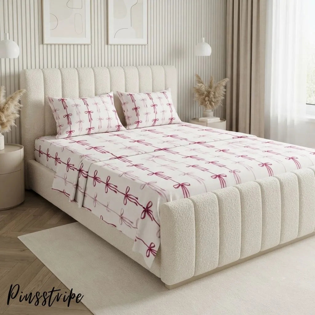 Pink Bow Bedsheet in Cotton- Signature Print By Pinsstripe