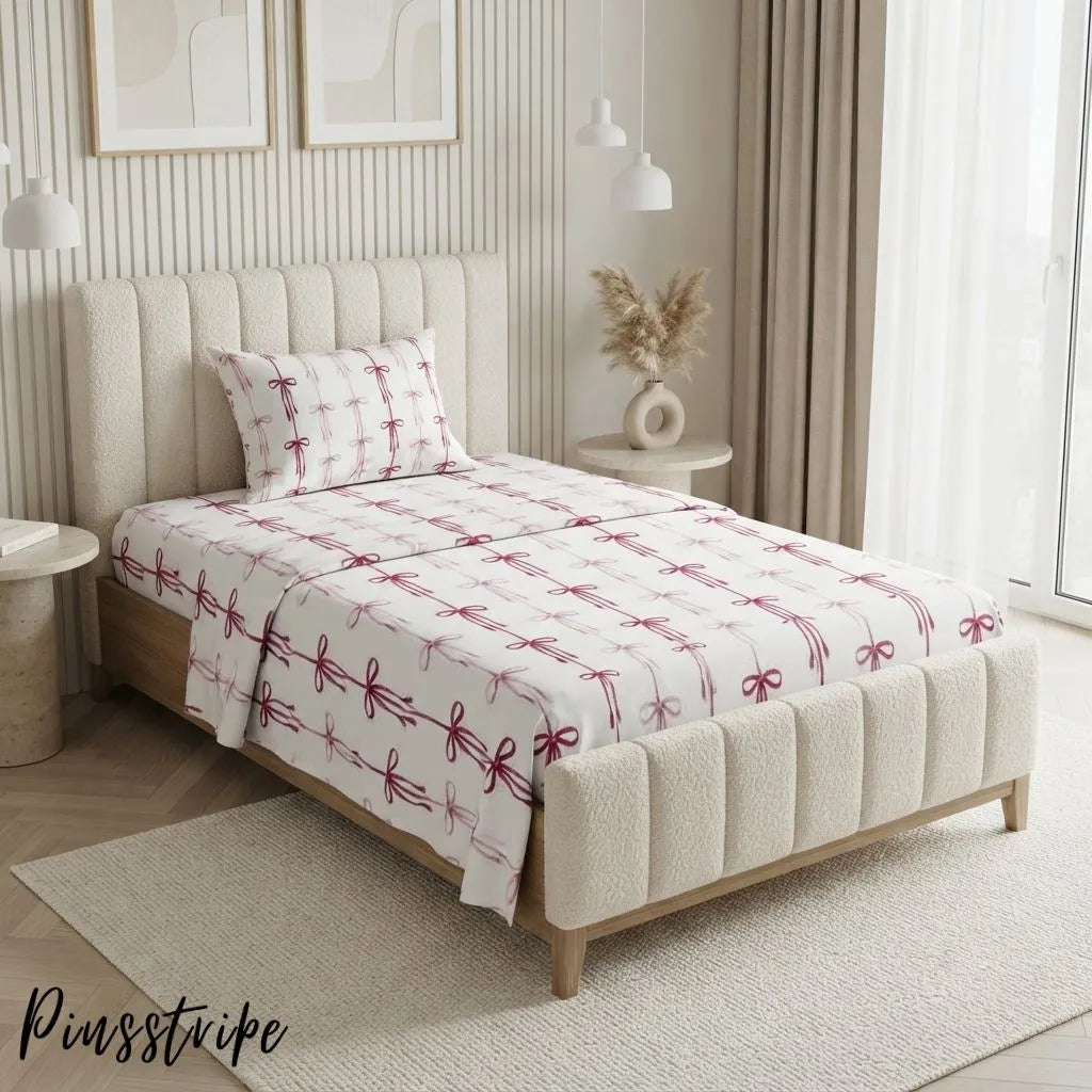 Pink Bow Bedsheet in Cotton- Signature Print By Pinsstripe