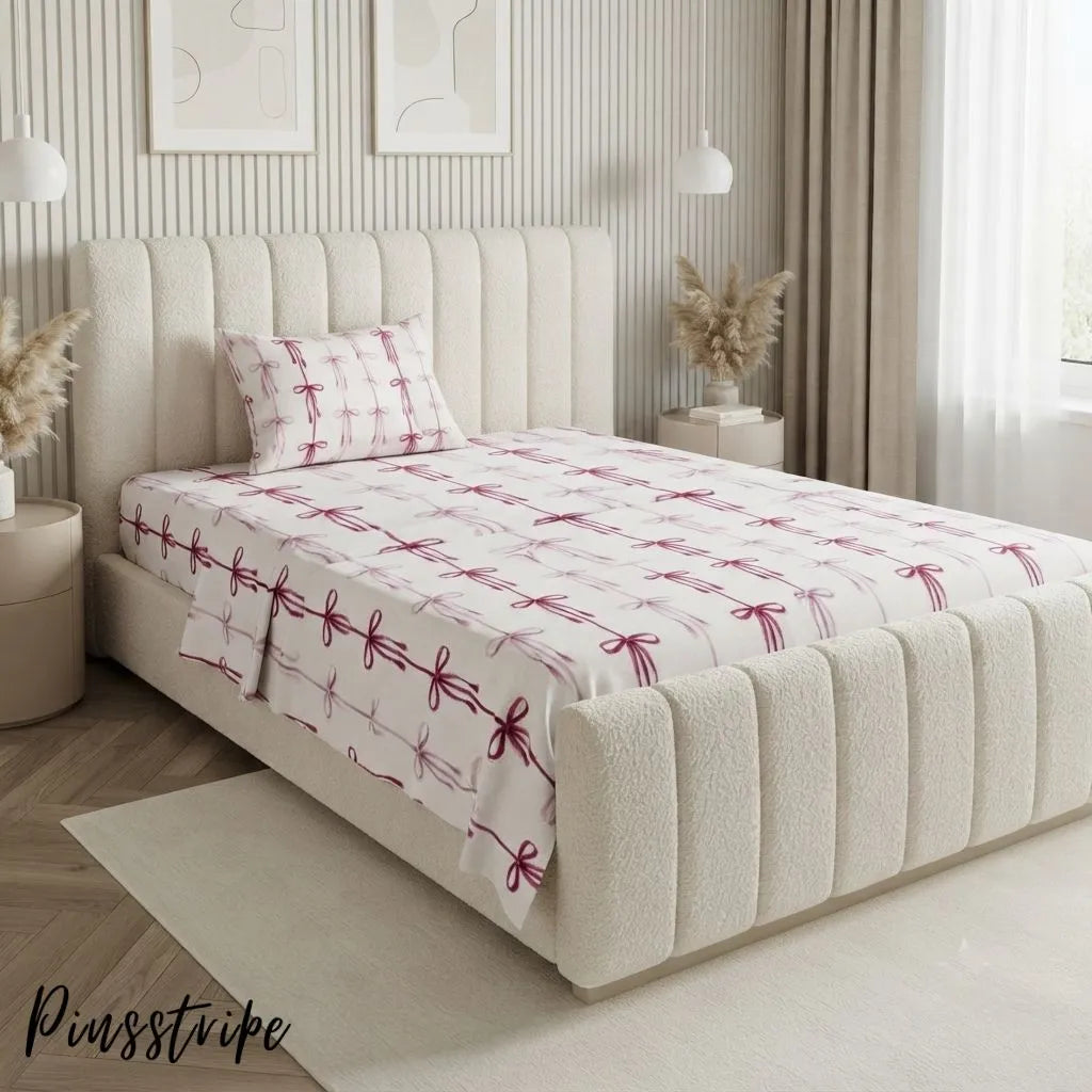 Pink Bow Bedsheet in Cotton- Signature Print By Pinsstripe