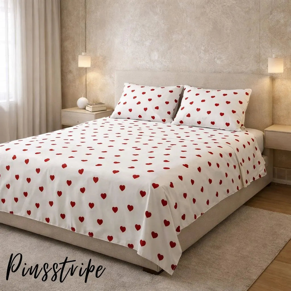 Red Hearts Bedsheet in Cotton - Signature Print By Pinsstripe