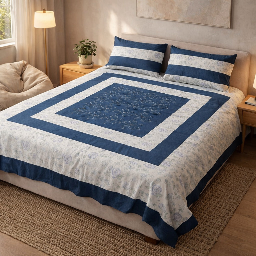 Patched Bedsheet by Pinsstripe– For Double Bed-100% Cotton