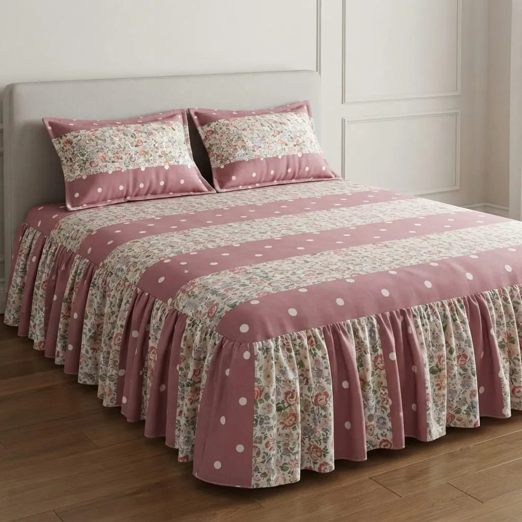 Patched Bedsheet with SIde Frill By Pinsstripe - For Double Bed